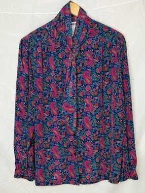 Colorful Paisley Tie Neck Blouse Vintage 80’s Koret 16